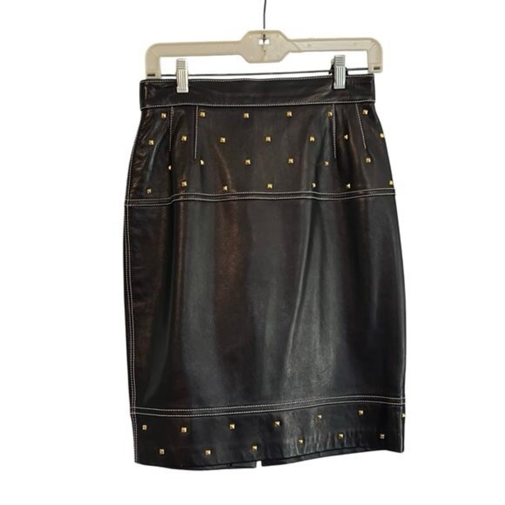 Escada Black Leather Studded Pencil Skirt with Gold Studs size 40